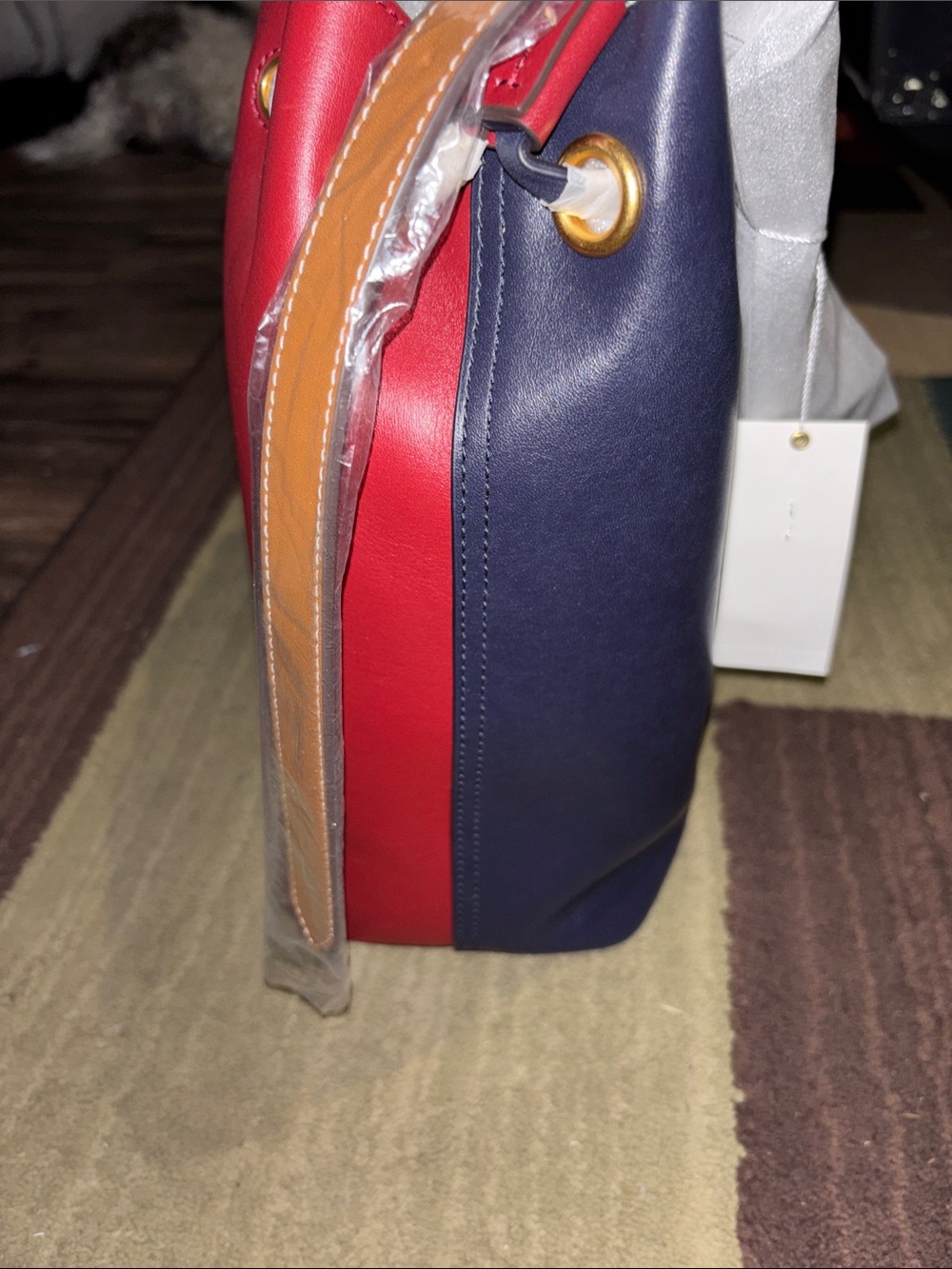 Tory Burch Red and Blue Drawstring Bucket Bag - Picture 2 of 10